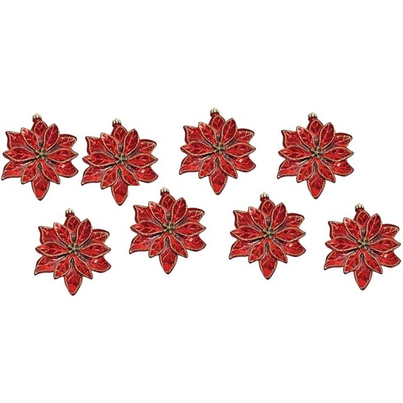 Red Poinsettia Shatterproof Christmas Ornaments (Set of 8), Holiday Party Decor - Picture 1 of 6